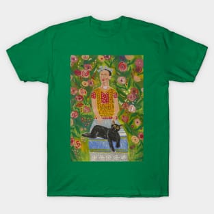 Frida Kahlo and Her Black Cat among Roses T-Shirt